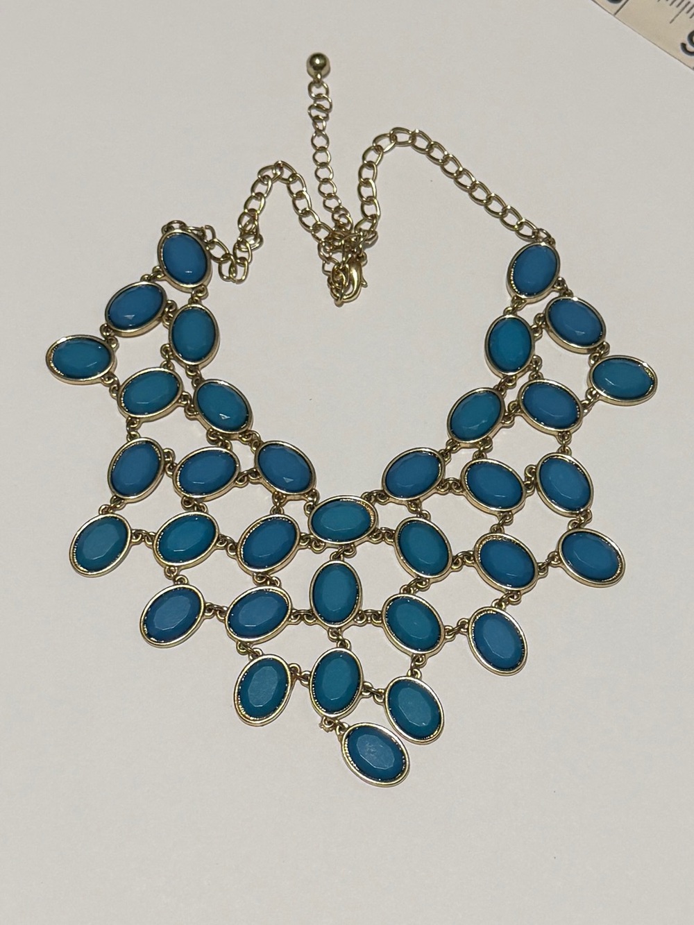 Bold Teal Bib Statement Necklace Gold Tone Layered Boho - Picture 4 of 10